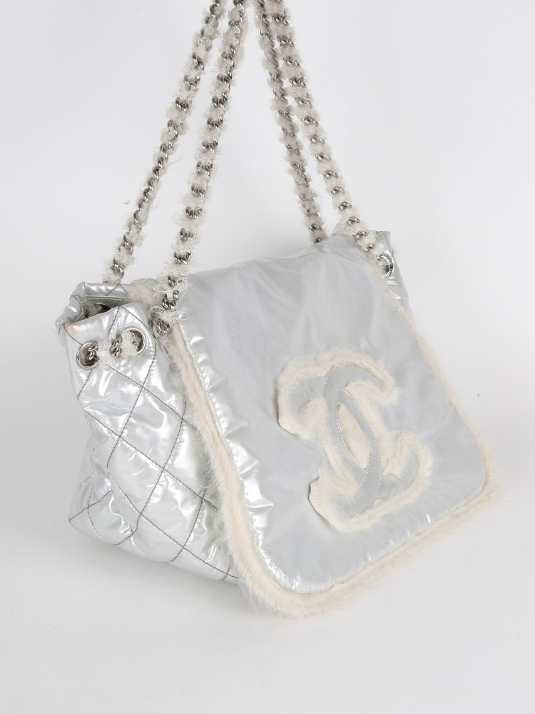 Chanel Silver Vinyl Arctic Polar Ice CC Accordion Flap Bag
