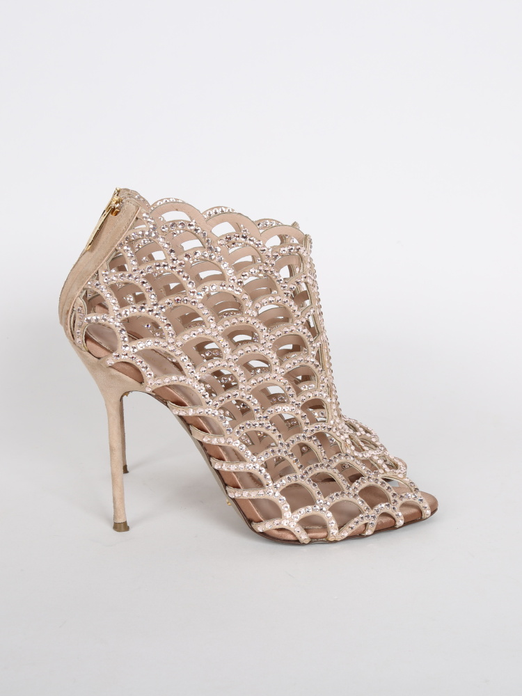 Sergio Rossi - Mermaid Crystal Beige Perforated Suede Boots 39