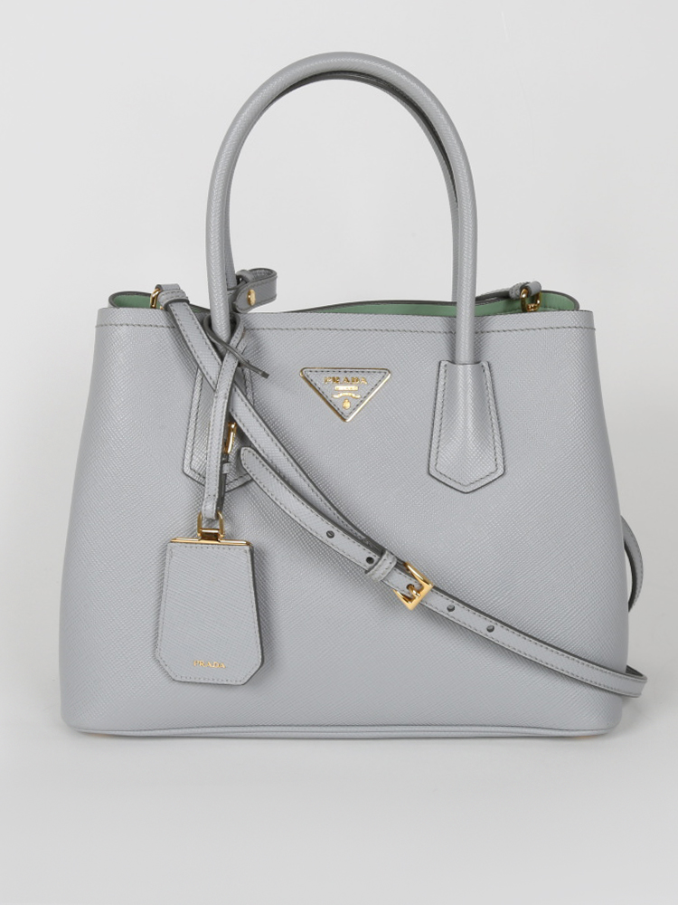 Prada Grey Saffiano Cuir Leather Twin Tote Bag