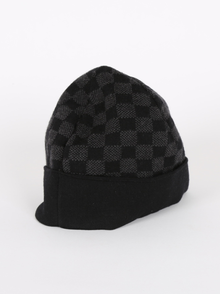 LOUIS VUITTON Wool Bonnet Petit Damier Graphite Beanie Hat Black