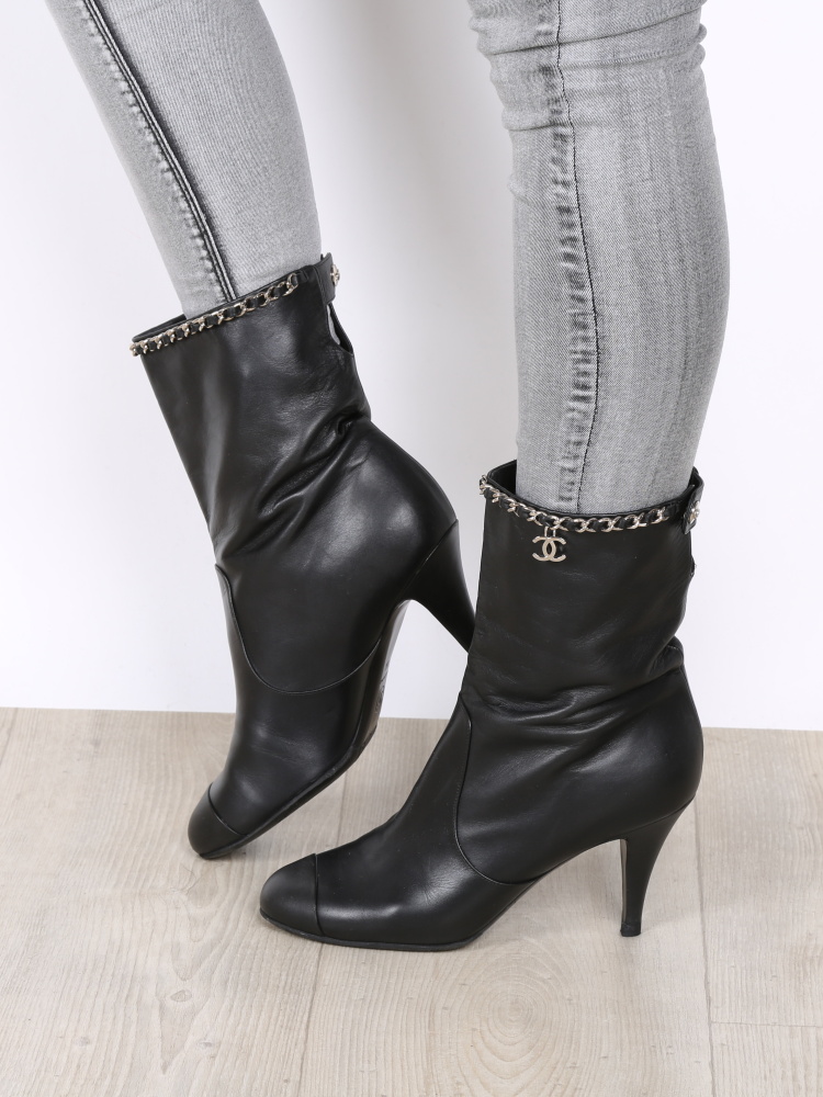 Chanel Chain-Trim Ankle Boots Dark Gray Glitter Suede Size 37