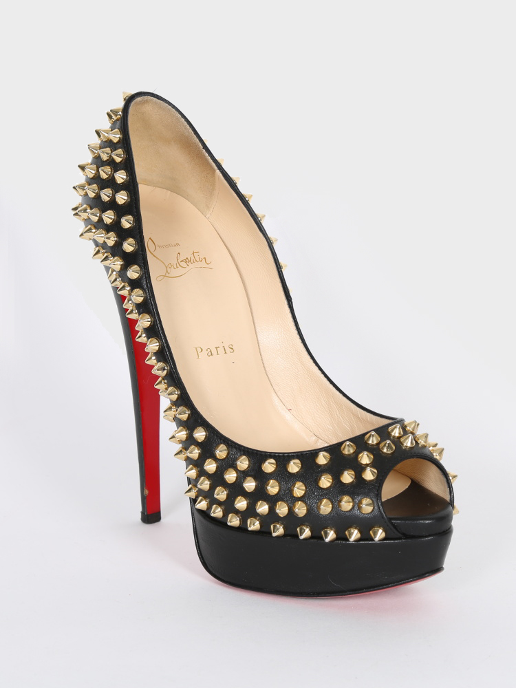 Louboutin - Peep Spike Black Leather Pumps 39,5 |