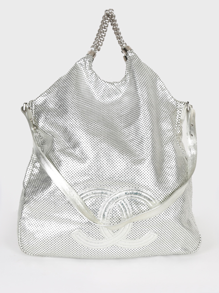 Chanel - Rodeo Drive Silver Perfo Leather Hobo Bag