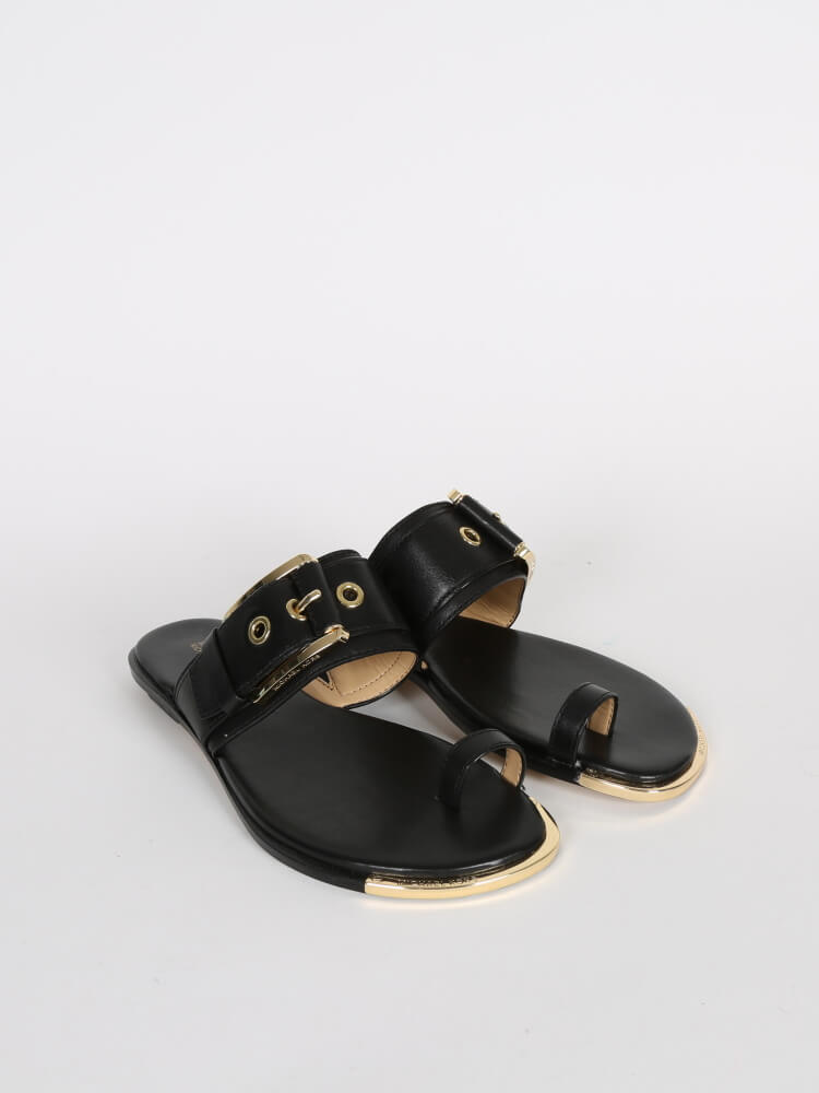 Michael Kors - Calder Black Leather Gold Buckle Sandals 8M | www 