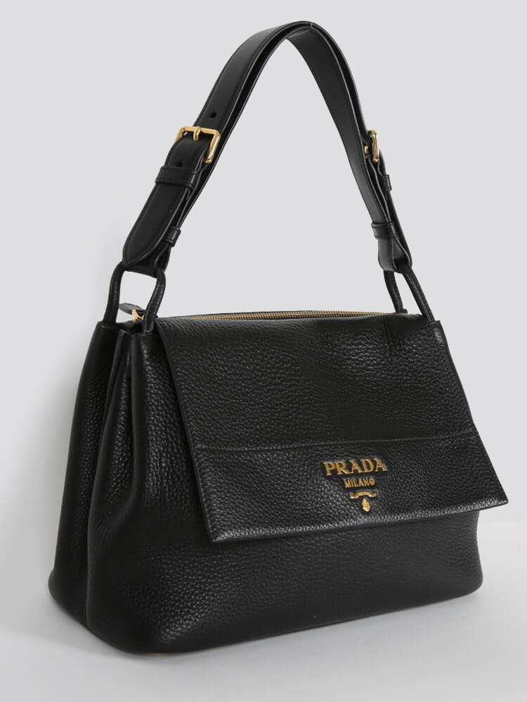 Prada Pattina Vitello Black Leather Identity Shoulder Bag 1BD302