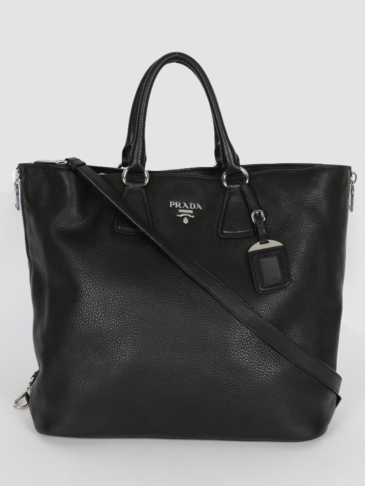 Prada - Vitello Phenix Silver Zippy Shopping Bag with Strap Noir