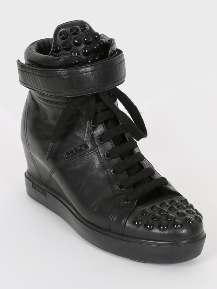 Prada - Studs Leather Wedge Ankle Sneakers Nero 40 