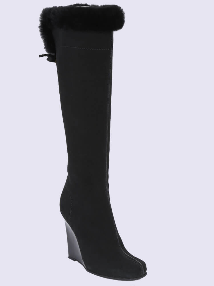 Louis Vuitton - Fur Trim Suede Wedge High Boots Noir 37