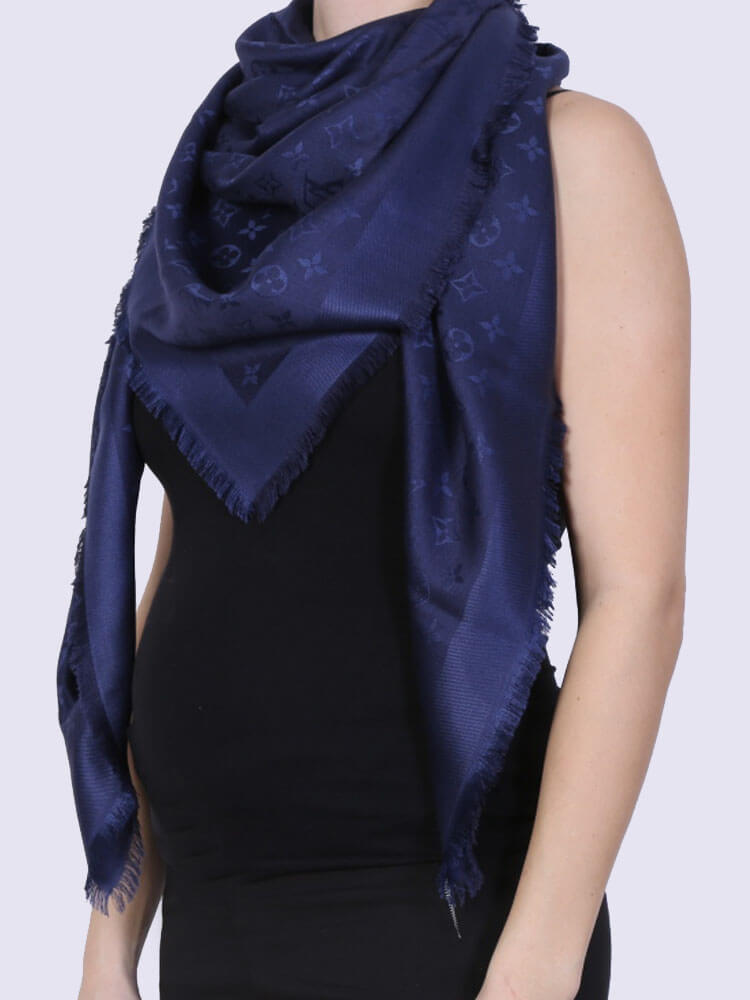Louis Vuitton Silk Wool Monogram Shawl Night Blue 604344