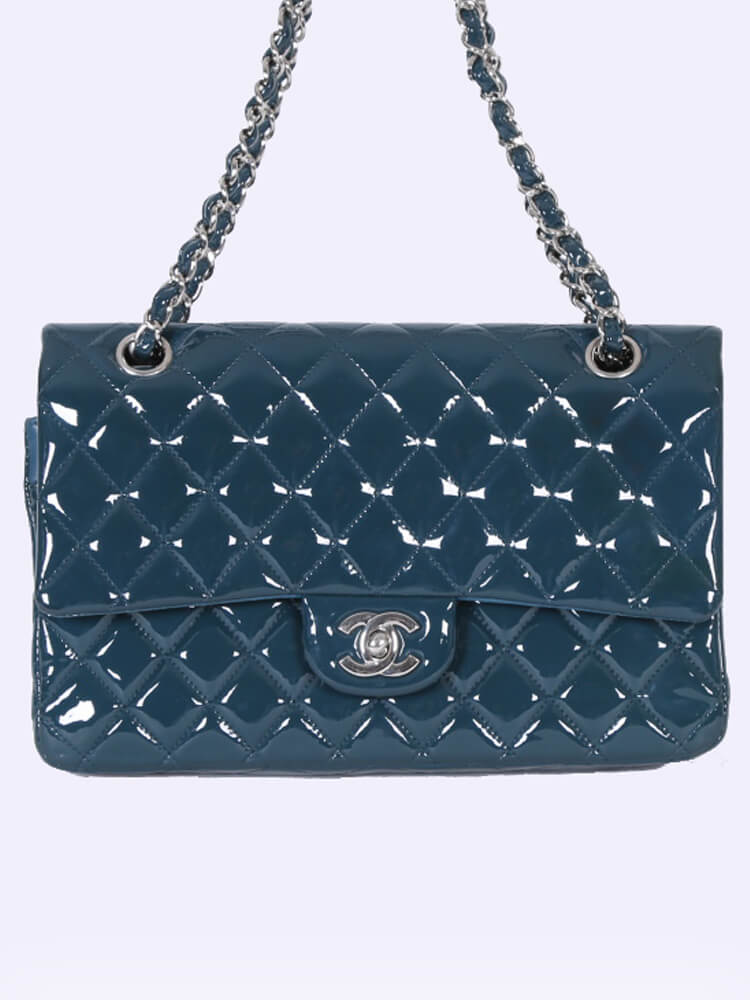 Chanel - Medium Double Flap Bag Patent Petrol Blue