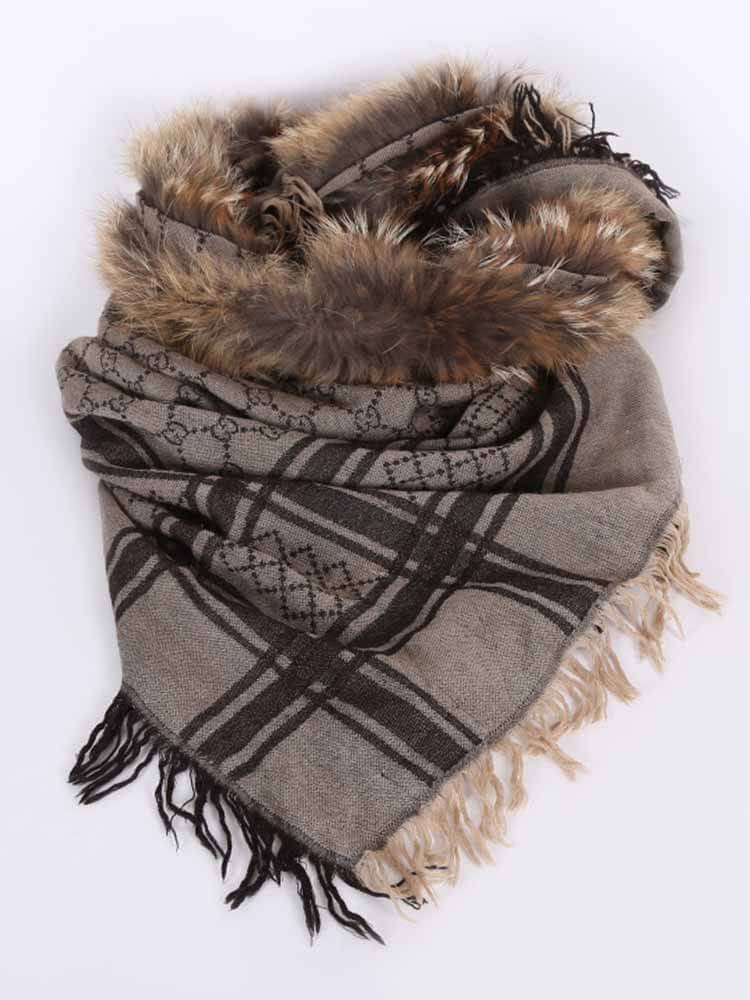 Gucci - GG Silk & Wool Fox Fur Trim Scarf Brown