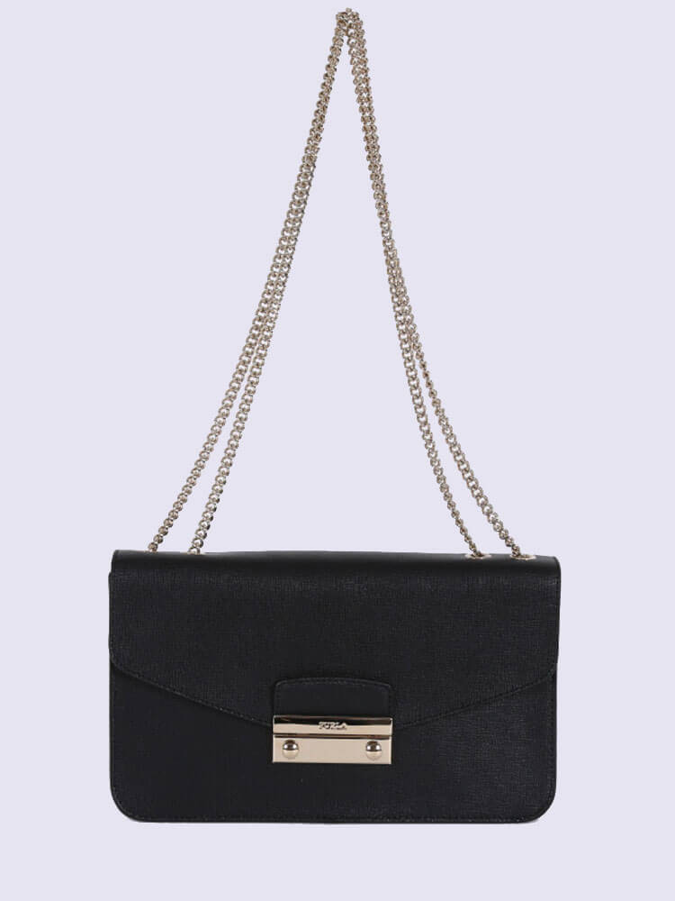 Furla Julia Saffiano Leather Chain Pochette Black www.luxurybags.eu