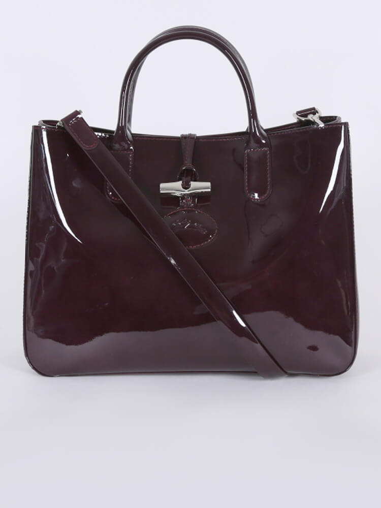 Longchamp Roseau Large Patent Leather Box Tote in Black