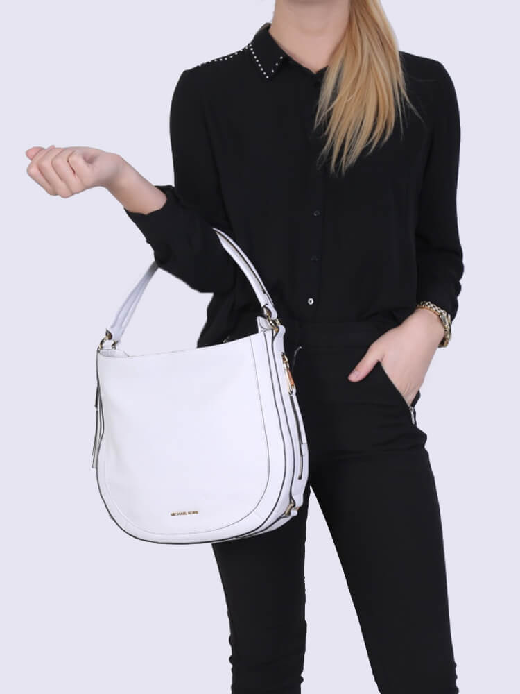 Michael Kors Julia Medium Leather Shoulder Bag White | www.luxurybags.eu