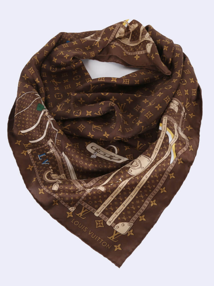 Large brown silk scarf brand Louis Vuitton decorated wit…