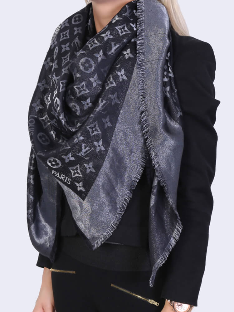 LOUIS VUITTON Silk Lurex Wool Monogram Shine Shawl Black 71109