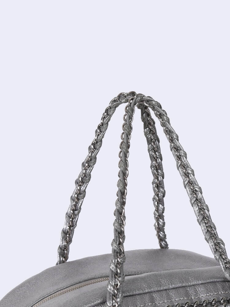 CHANEL LUXE LIGNE METALLIC SILVER LEATHER BOWLER BAG