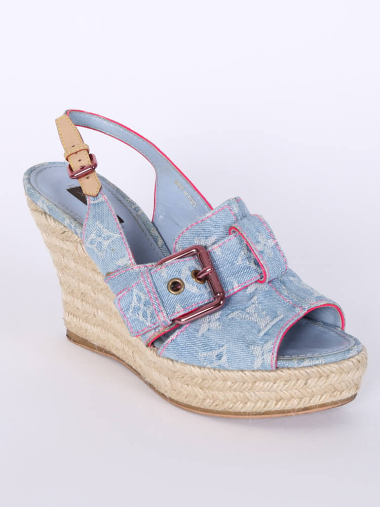 LOUIS VUITTON Monogram Postcard Denim Wedge Sandal SZ 38