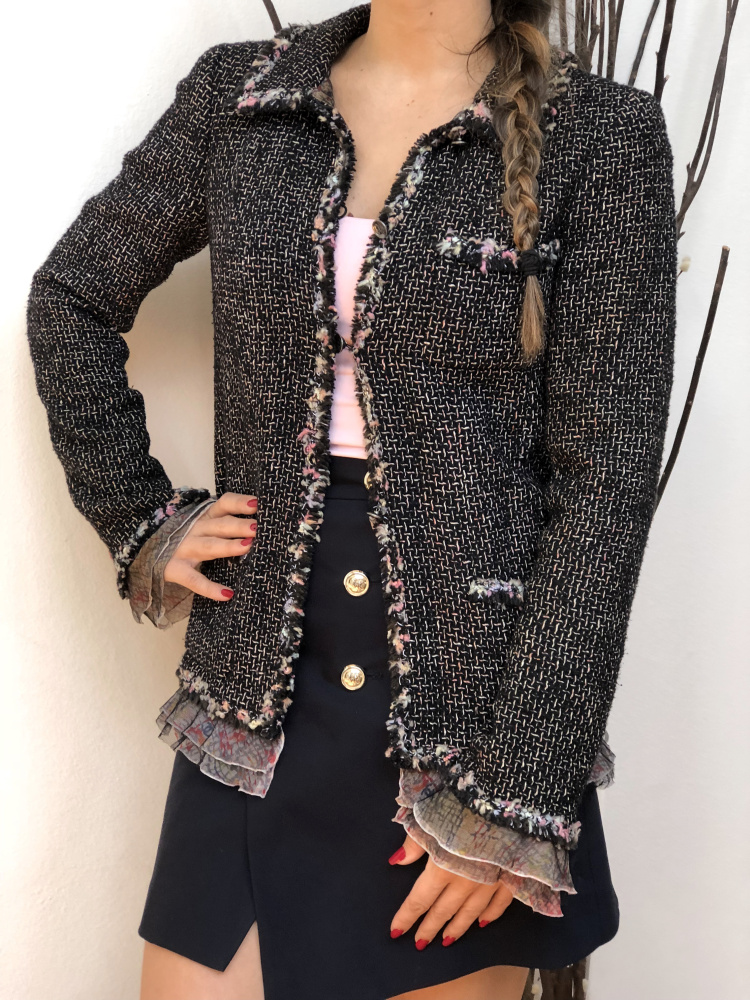 Chanel - Colorful Silk & Wool Tweed Ruffle Trim Jacket Black 38 |  