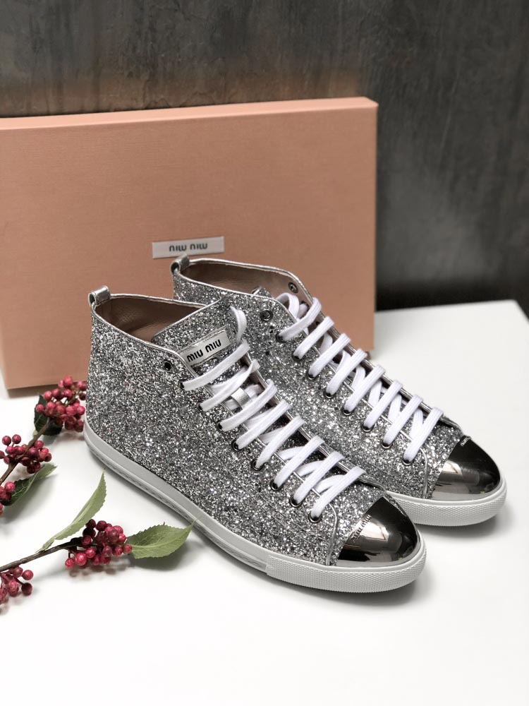 Miu Miu - High Top Silver Glitter Sneakers 40 | www.luxurybags.eu