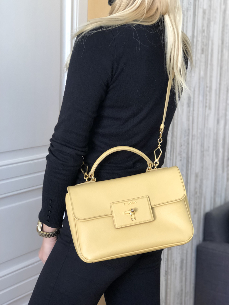 Prada - Saffiano Leather Top Handle Flap Bag Yellow