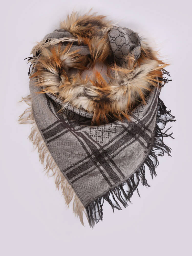 Gucci Vintage Brown Monogram Wool-Silk Blend and Fox Fur Trim
