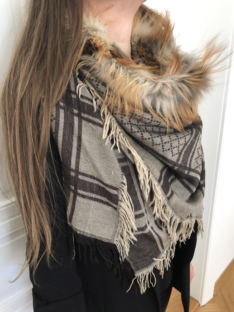 Gucci - GG Silk & Wool Fox Fur Trim Scarf Brown