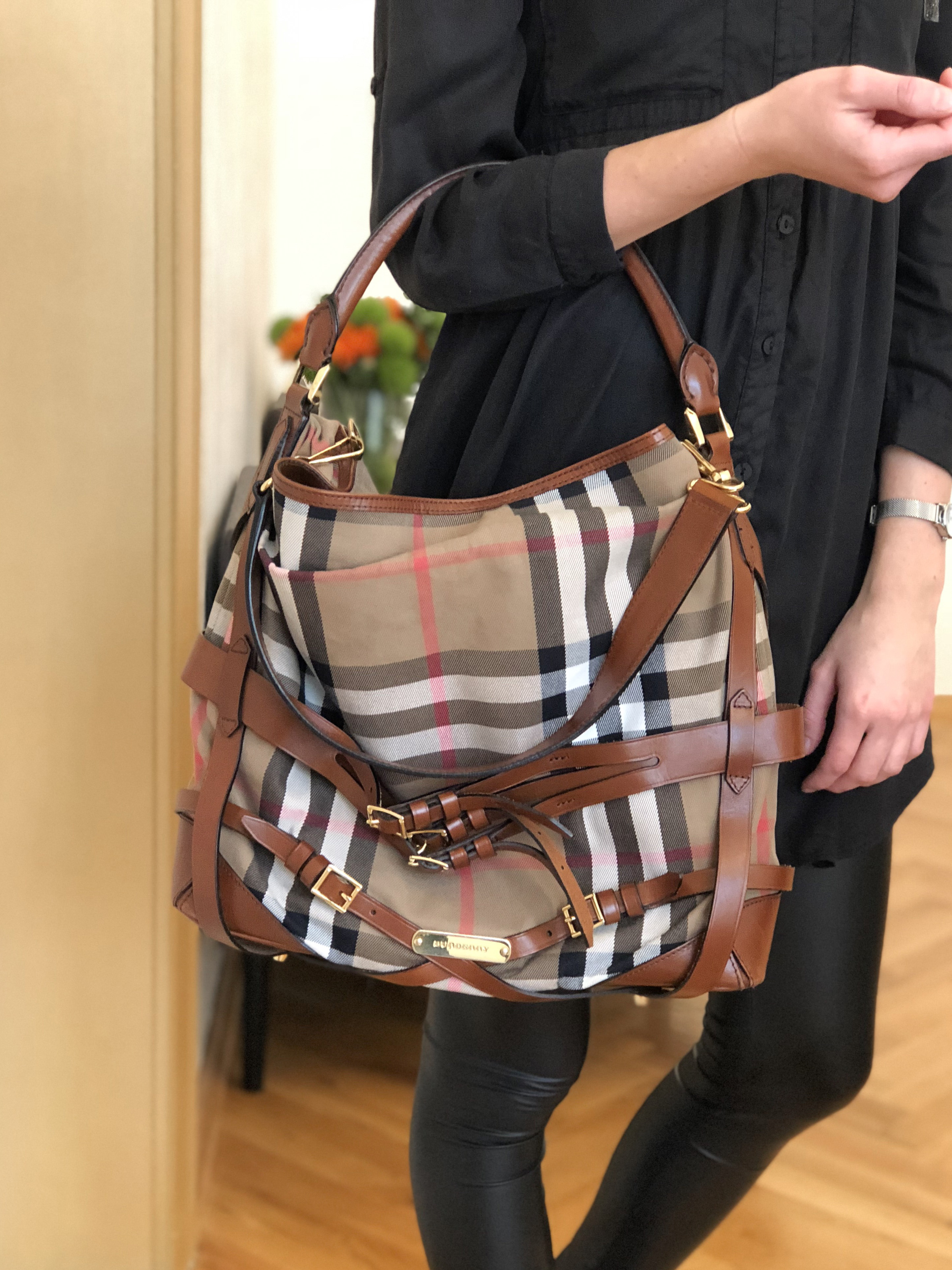 Burberry - Gosford House Check Bridle Leather Hobo Bag Brown