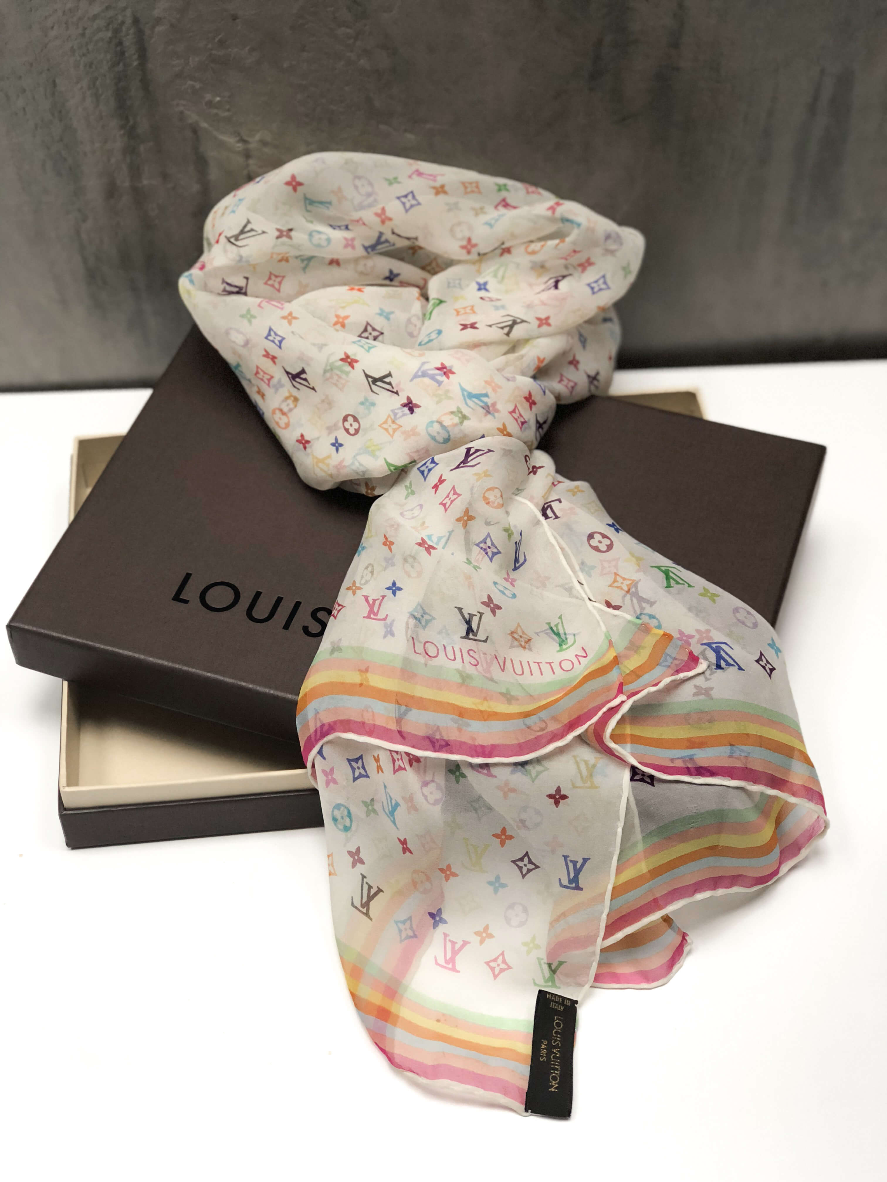 Louis Vuitton - Monogram Multicolore Silk Chiffon Scarf Blanc