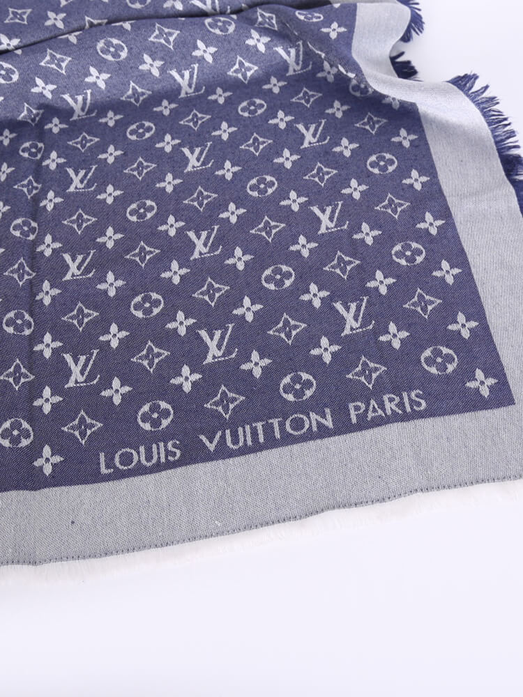 Louis Vuitton Blue Monogram Denim Silk/Wool Studdy Shawl Scarf - Yoogi's  Closet