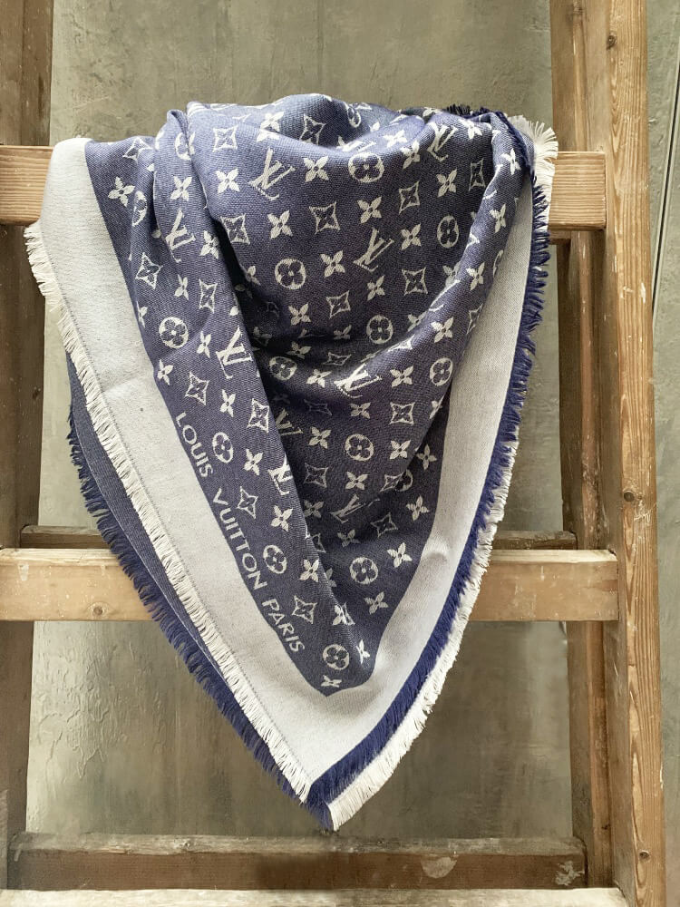 Louis Vuitton Blue Monogram Denim Silk/Wool Studdy Shawl Scarf - Yoogi's  Closet