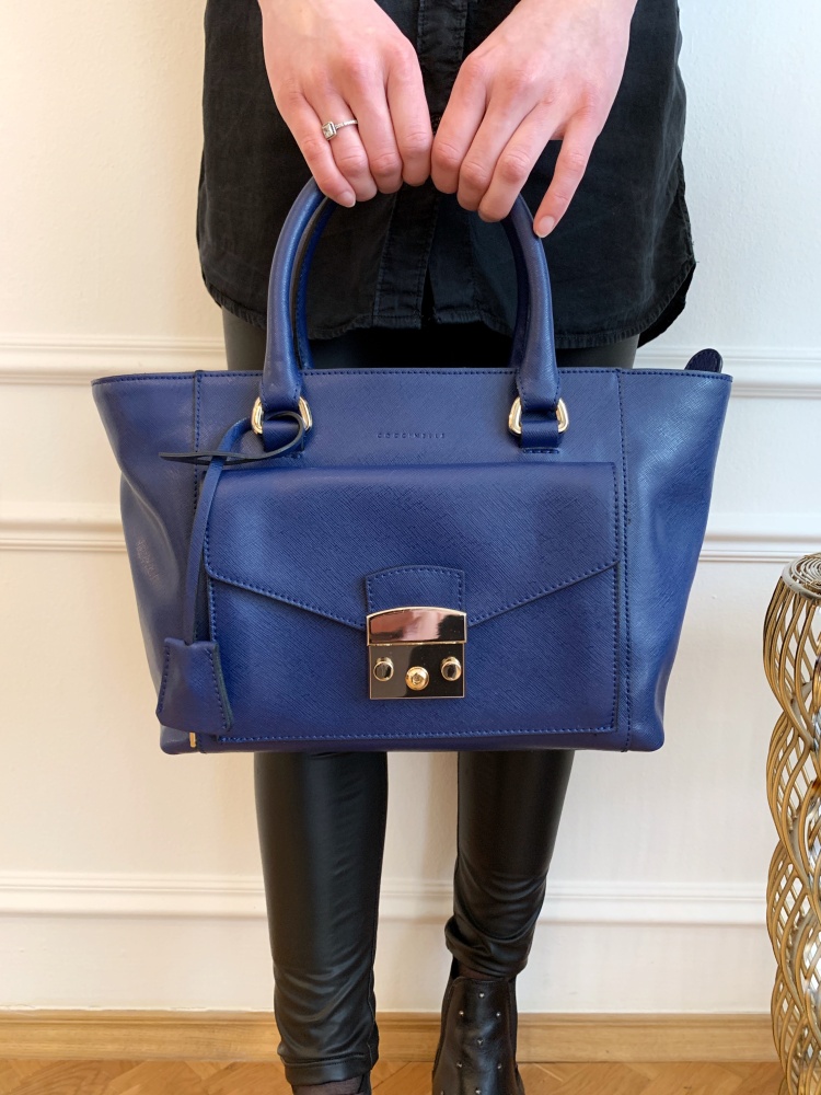 blue saffiano leather tote