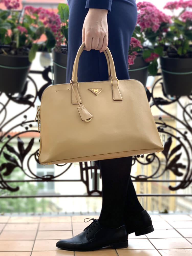 Prada Medium Saffiano Lux Promenade Handle Bag - Burgundy Handle