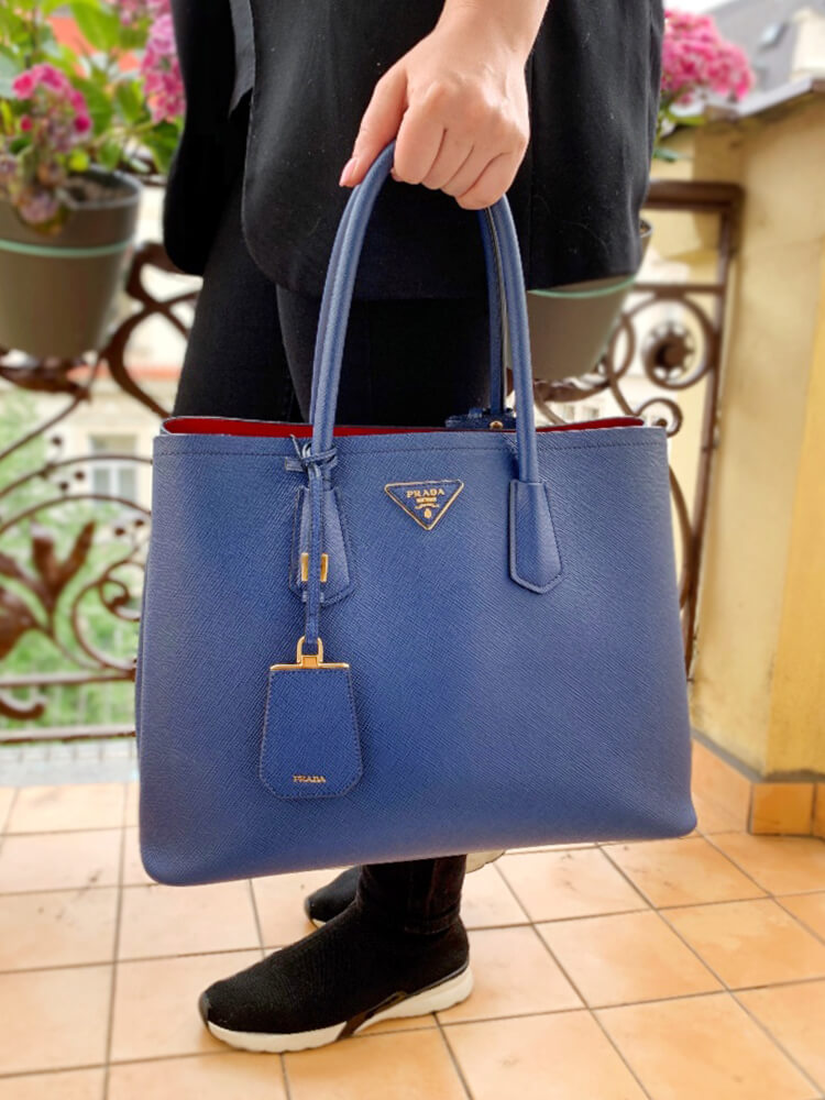 Prada Saffiano Cuir Baltico Double Handbag / Tote - Dark Blue - Large 