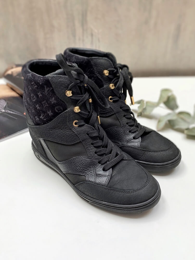 Louis Vuitton Black Monogram Nubuck Suede Cliff Wedge Sneakers -   Australia