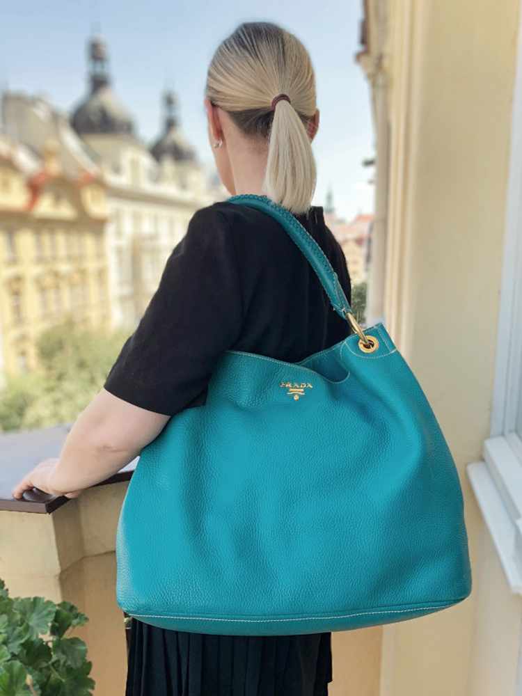 Prada Blue Vitello Daino Leather Top Handle Hobo Bag