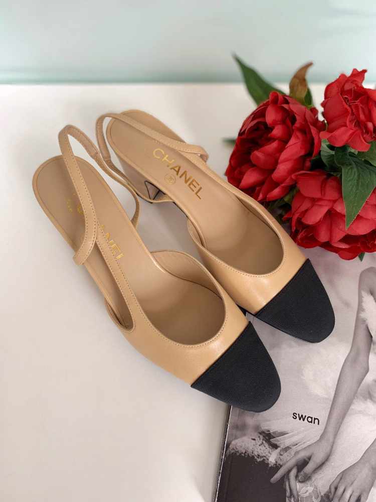 CHANEL COCO LOGO BEIGE BLACK PUMPS SLINGBACKS SHOES