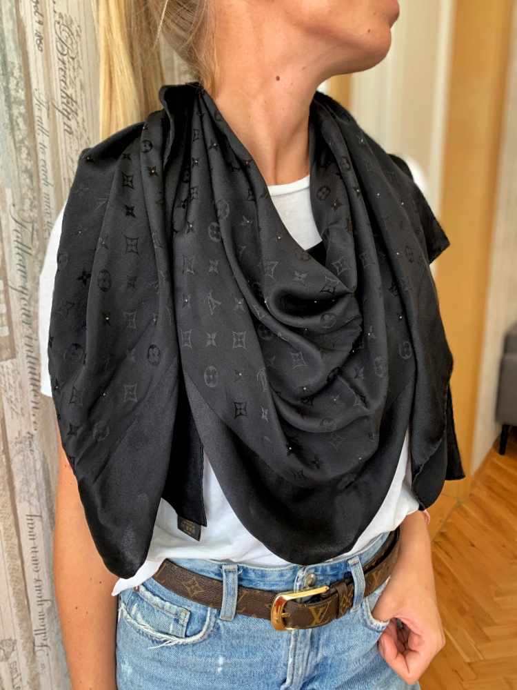 Louis Vuitton Monogram Denim Shawl Black Silk