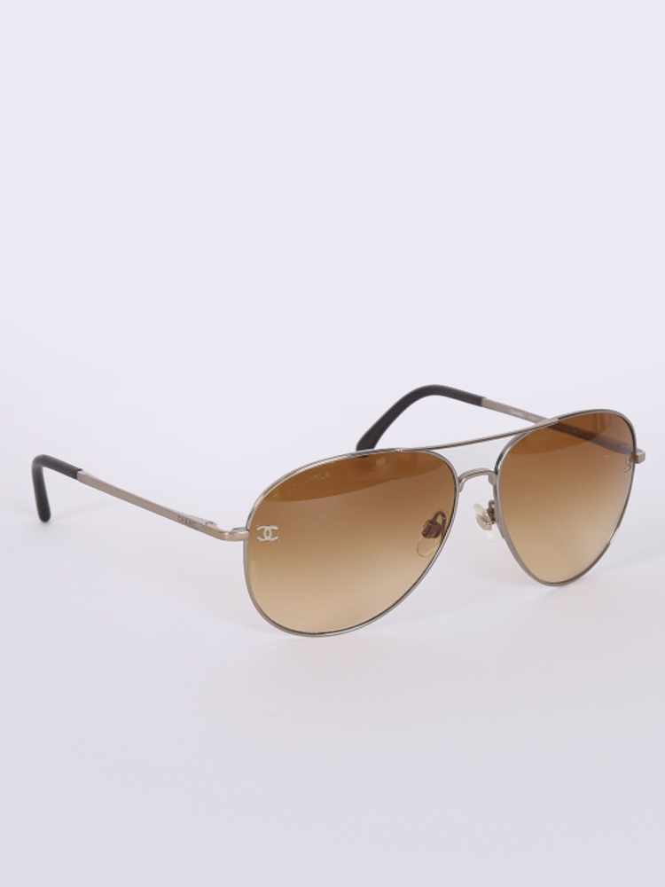 Chanel - Calfskin Detail Titanium Pilot Sunglasses Gold Brown
