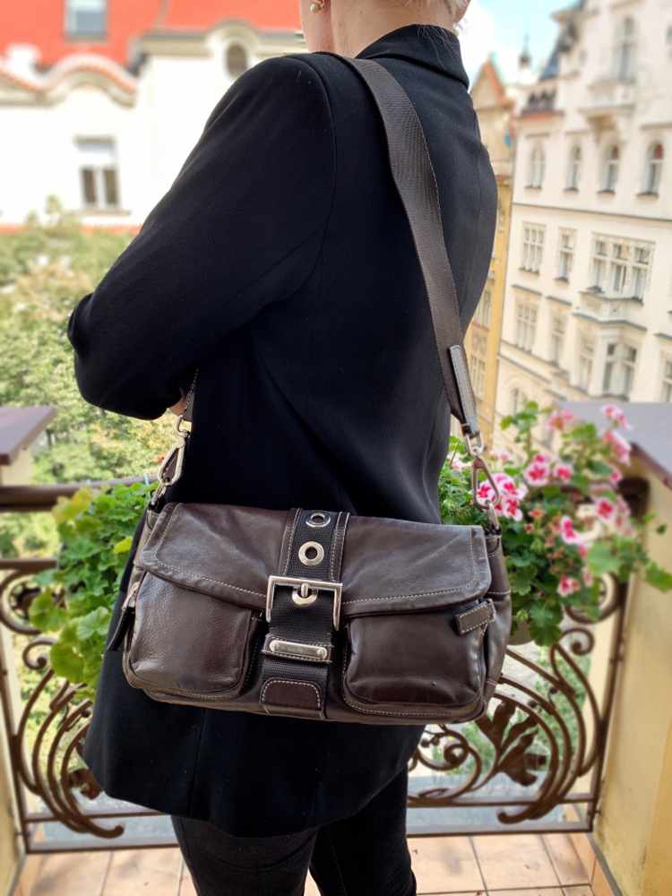 Prada - Double Pocket Leather Small Shoulder Bag Brown