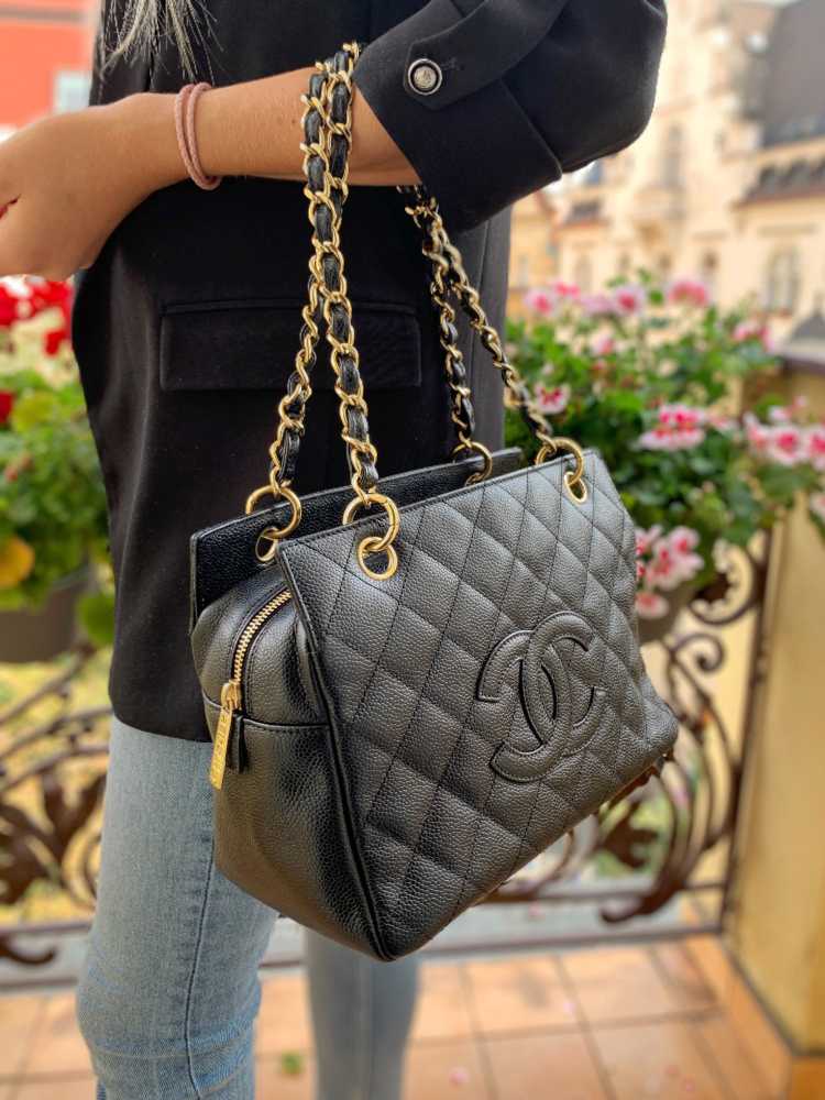 Chanel Quilted Gold CC Coin Wallet on Chain WOC Black Caviar Gold