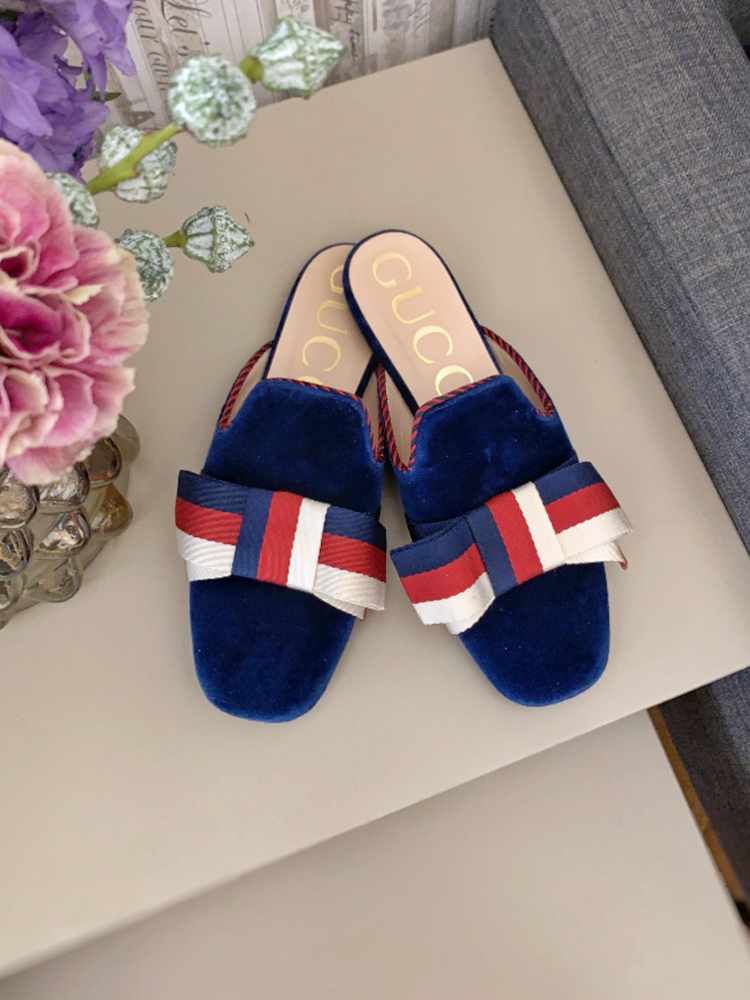 Gucci Velvet Sylvie Bow Flat Slippers Blue 37 5 www.luxurybags.eu
