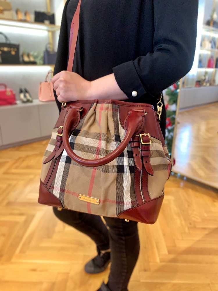 Burberry - House Check Belted Leather Bag Burgundy