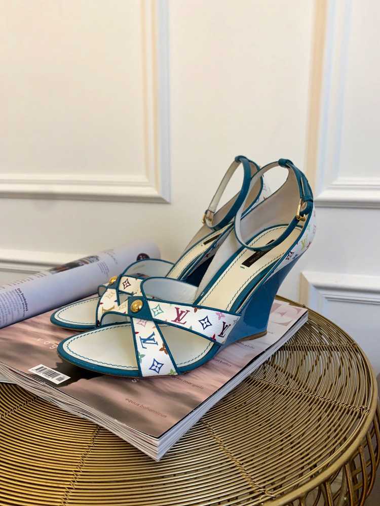 Louis Vuitton - Monogram Multicolore Canvas Wedge Sandals Blanc/Blue 41