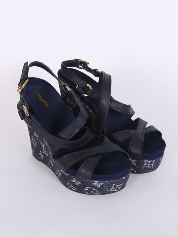 LOUIS VUITTON LOUIS VUITTON Denim Wedge Sole Sandals U.S Size 6.5-7 Leather  Blue Used Women LV