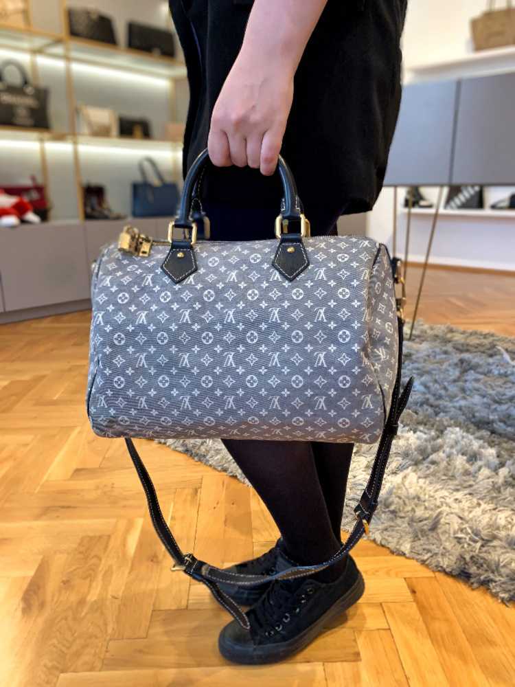 Louis Vuitton Navy Blue x Grey Encre Monogram Idylle Speedy Bandouliere 30  66lv2 For Sale at 1stDibs