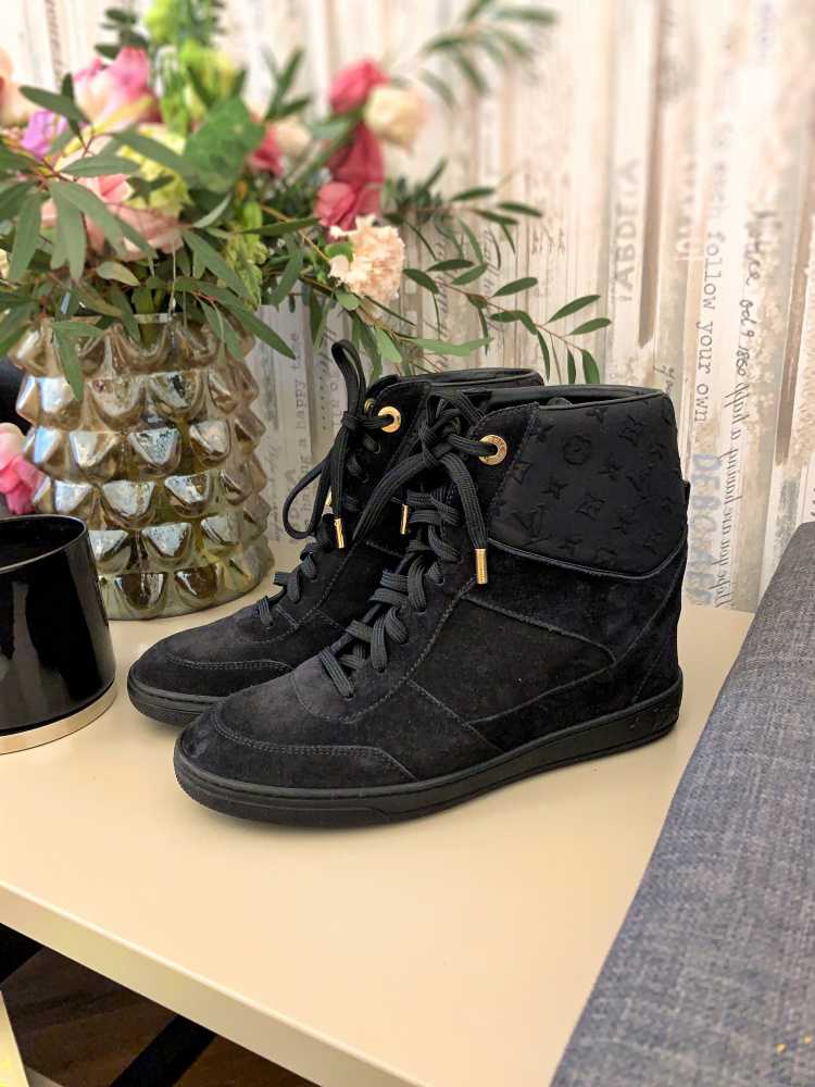 Louis Vuitton Black Leather And Embossed Monogram Suede Millenium Wedge  Sneakers