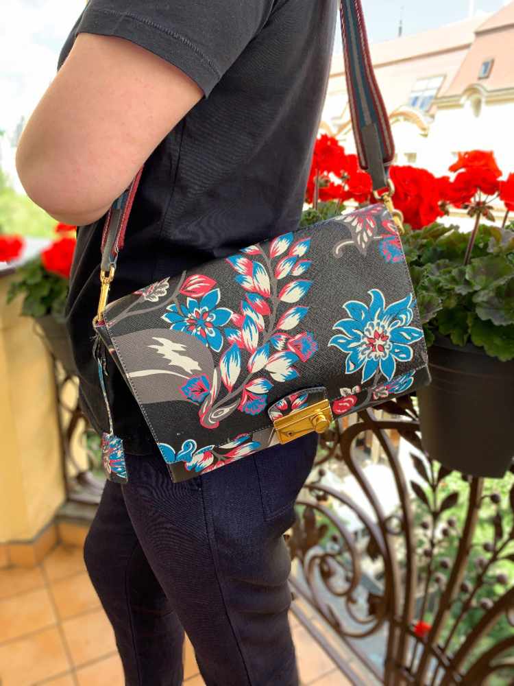 Prada - Flower Print Saffiano Leather Lock Flap Bag Nero