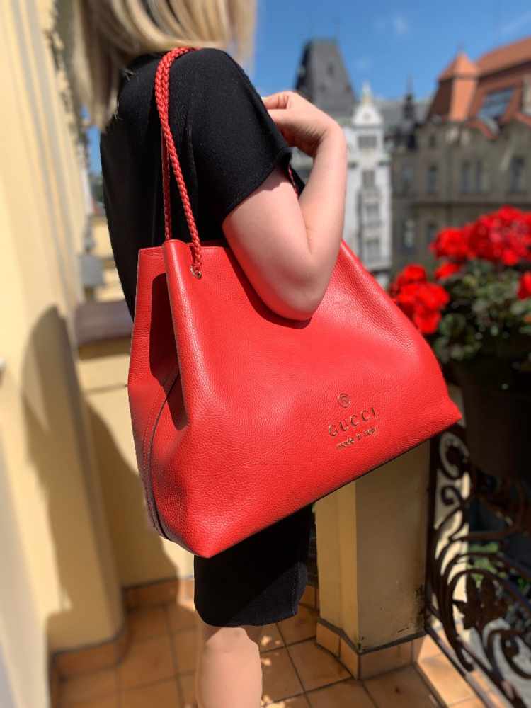 Gucci Red Braided Handle Leather Large Gifford Tote at 1stDibs