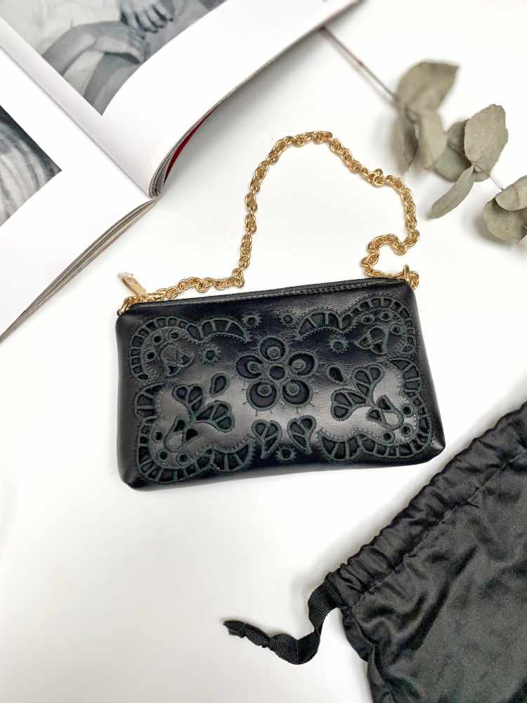 Dolce & Gabbana - Floral Embroidered Leather Chain Clutch Black |  